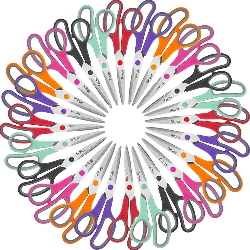 Almarto 24 Pack Scissors, Rkqoa 8" All Purpose Classroom Scissor Bulk Comfort-Grip Sharp Shears for Office School House Sewing Fabric Craft Supplies, High/College School Teacher Student Scissors - Image 1